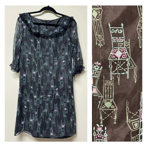 ANNA SUI for ANTHROPOLOGIE 100% Silk Long Sleeve Chair Dress, Sz 8 - Picture 1 of 13